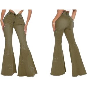 Women's Butterfly Bell Bottom Jeans Elastic High Waisted Embroidered Flaired.